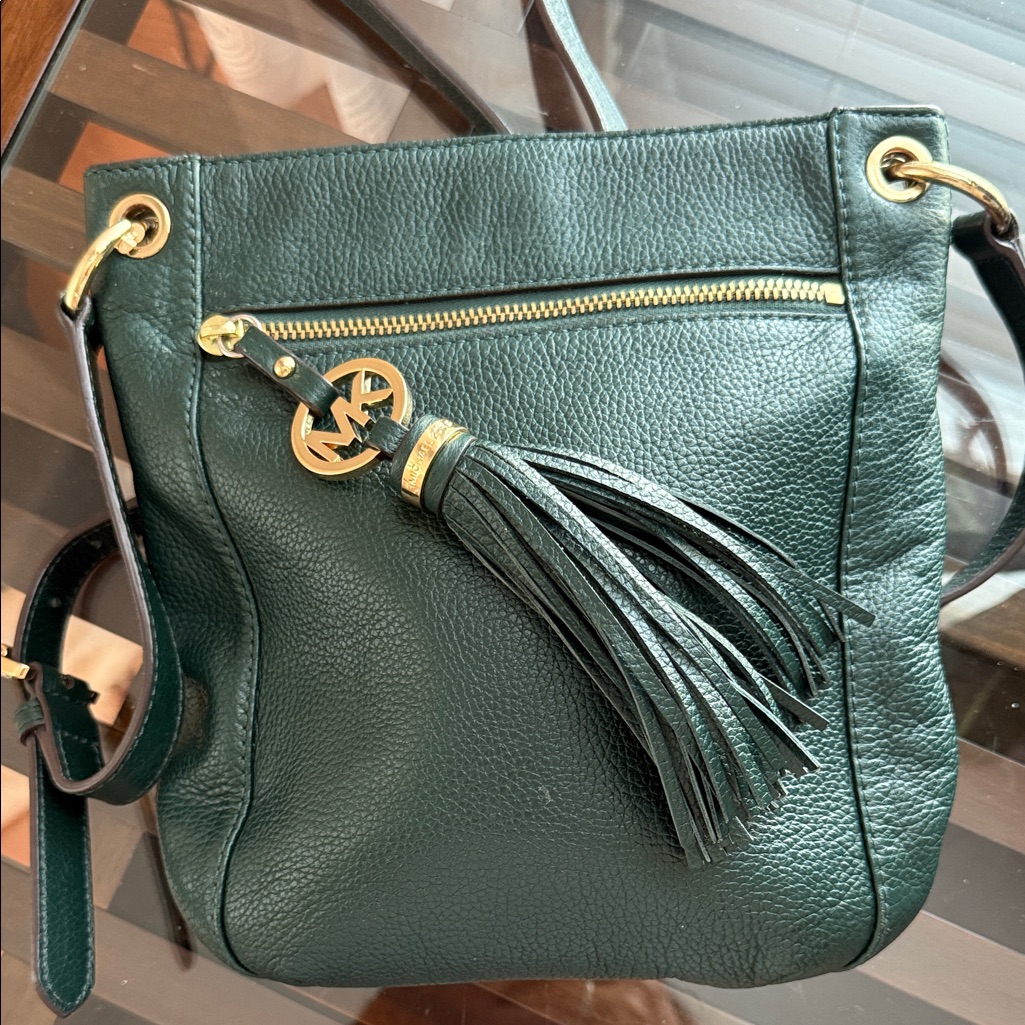 Michael Kors Dark Green Crossbody Bag With Gold Details
